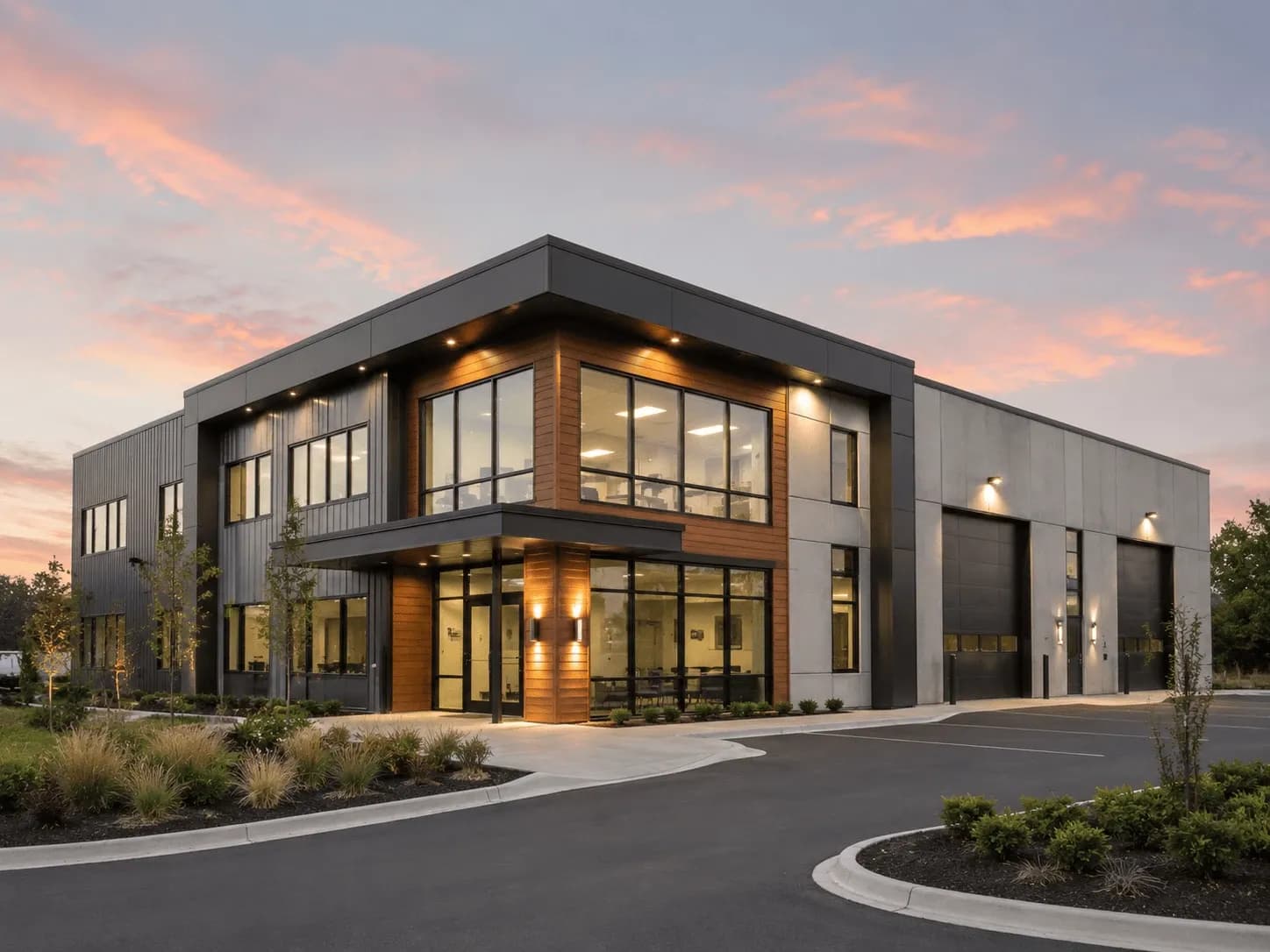 Modern commercial office and warehouse building at dusk